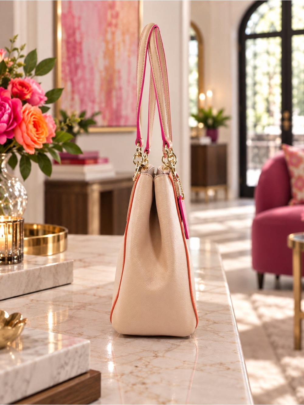 *SOLD* COACH Christie Carryall Crossgrain Leather Beige Pink & Orange Trim - Picture 3 of 10